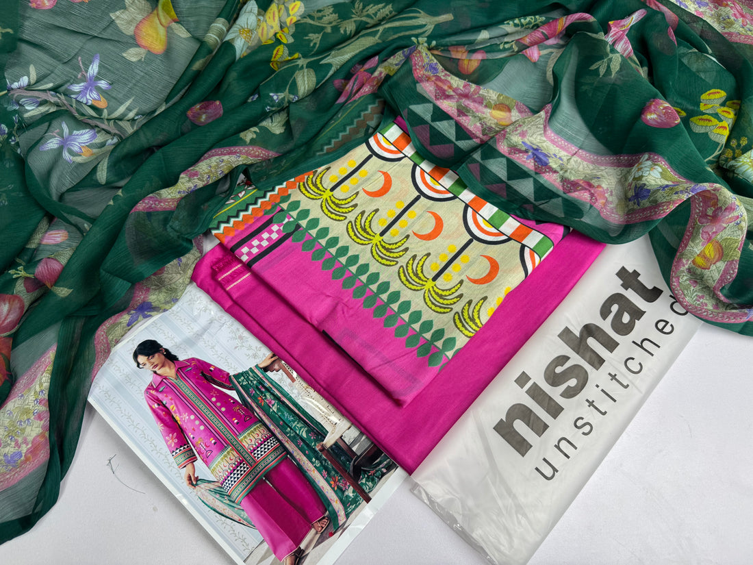 A fashion catalog page for Nishat Unstitched showing a model wearing a bright pink 3-piece traditional outfit with a green printed dupatta, alongside product details and branding text.