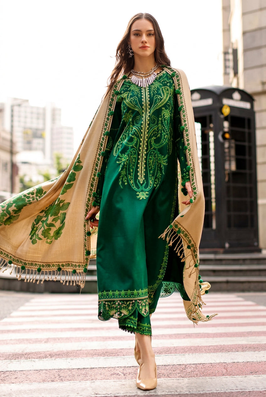 A fashion catalog page for the Charizma Winter Unstitched Collection, showing a model wearing a 3-piece ensemble consisting of a dark green embroidered Dhanak shirt, a beige printed dupatta, and a matching green and beige embroidered trouser. The right side contains product details, brand logo, and care instructions.