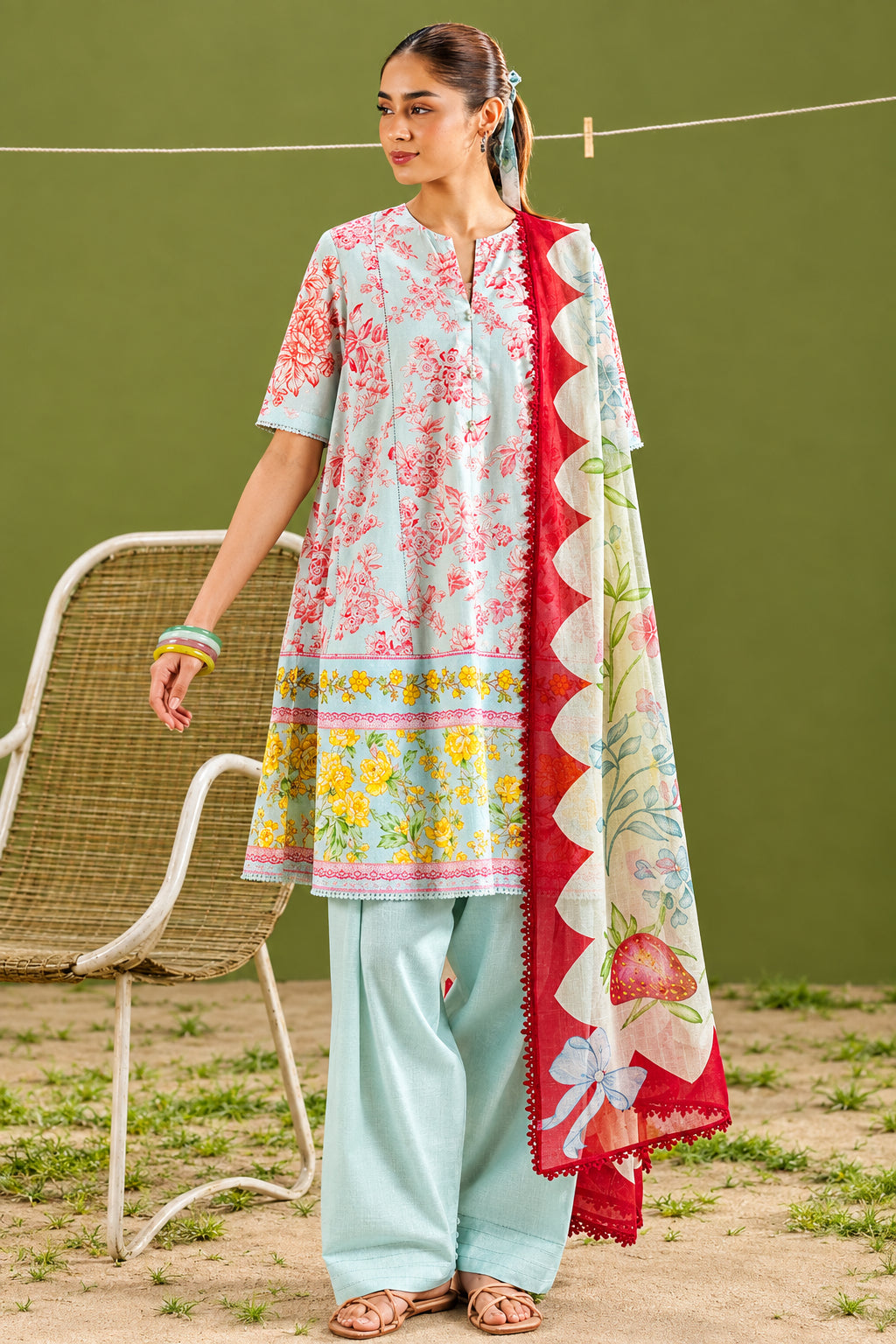 A fashion catalog page showing a model wearing a printed three-piece salwar kameez set in Elyo-4B by Zara Shahrihan, alongside product details, care instructions, and a QR code on a split green-and-white background.