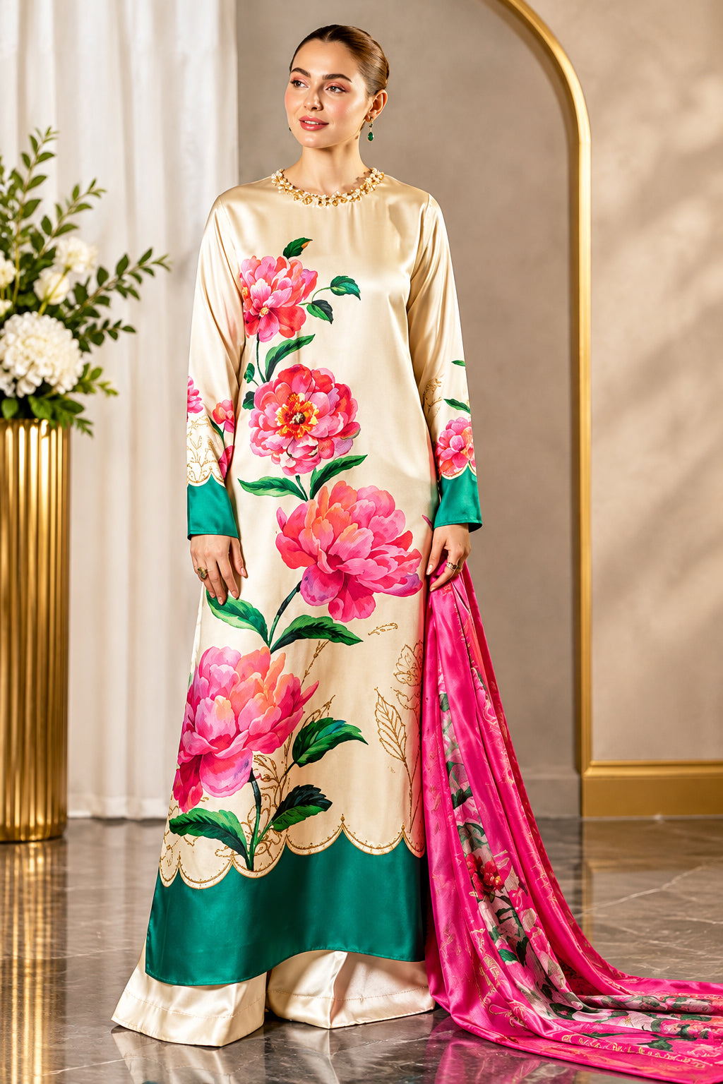 A model wears a cream-colored Lulusar digital print silk ethnic suit with large pink peony floral motifs, green leaves, and teal accents on the kurta, dupatta, and trousers. The image is a composite showing full-length and close-up views alongside product specifications.