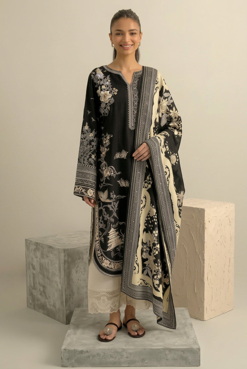 A three-piece women's ethnic wear set by Zeen, featuring a black and beige embroidered kurta, a matching embroidered trouser, and sleeves, shown on a model against a neutral studio backdrop.