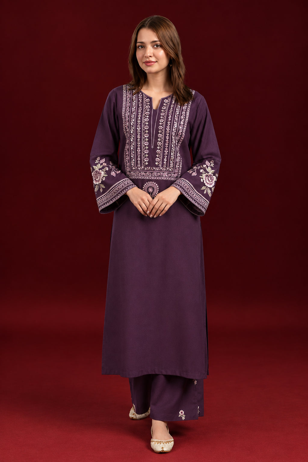 A woman modeling a deep purple long kurta with intricate white and gold embroidery on the neckline, sleeves, and center front, shown on a red studio background with two smaller inset views and the LAAM brand text.