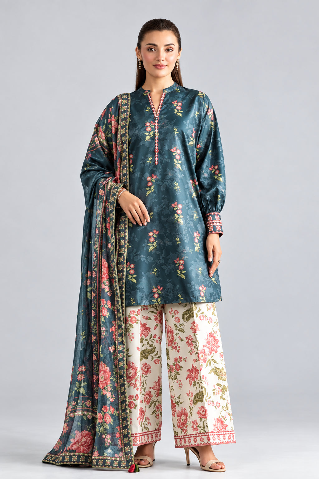 A 3-piece women's kurta set by Nishat Unstitched, featuring a dusty blue-gray printed shirt, matching dupatta, and floral printed trousers. The model is shown wearing the outfit against a light gray background, with product details and care instructions printed on the left side of the page.