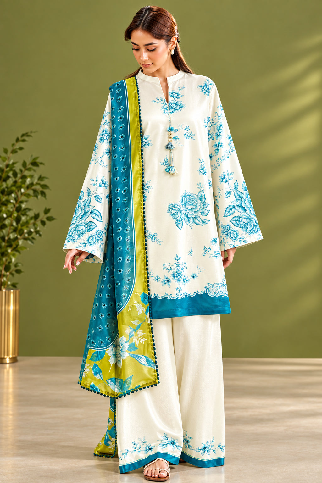 A model wearing a three-piece women's salwar kameez suit from Coco by Zara Shahahan, featuring a cream-colored printed kameez, matching trousers, and a teal and yellow dupatta, set against a split background with product details and text.