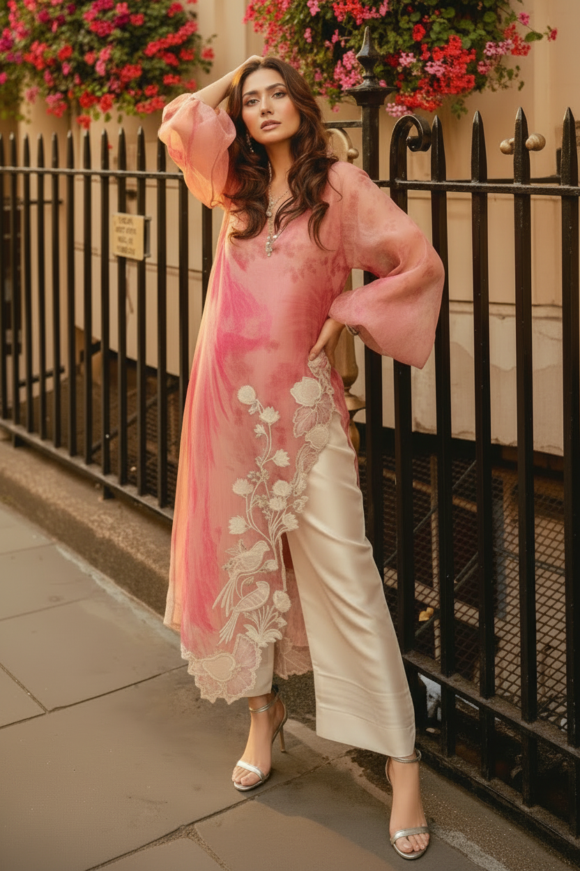 A woman models a pink floral printed long kurta with sheer balloon sleeves and white floral embroidery along the hem, paired with cream wide-leg trousers, standing outdoors in front of a black metal fence.