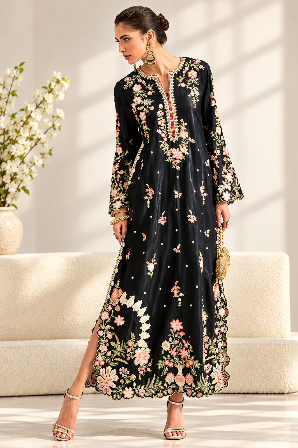 A black long-sleeve embroidered shirt dress with pink floral embroidery and gold accents, shown on a model in a studio setting with a text panel in the center listing product details.