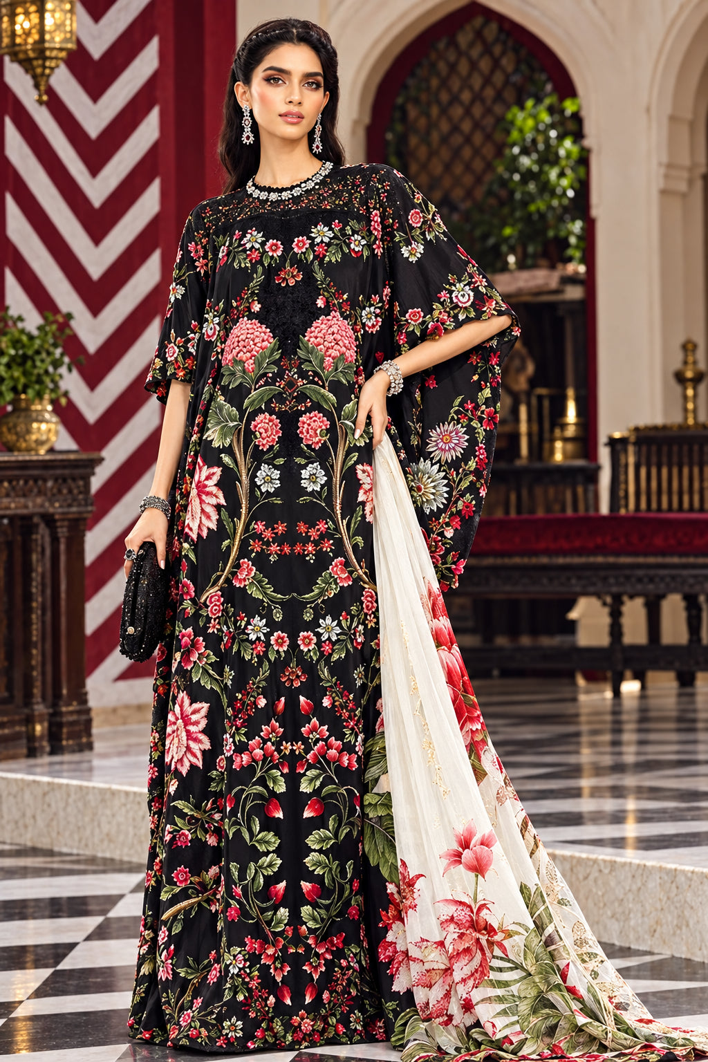 A fashion catalog-style composite showing a model wearing a black shams silk printed outfit with floral embroidery and a beige dupatta, alongside text listing features and the brand MARIA.B.