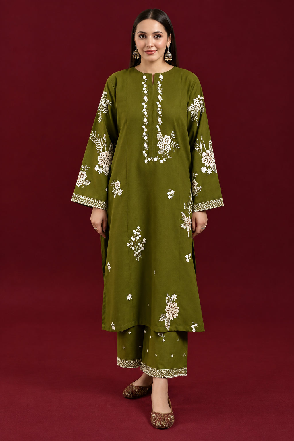A woman modeling an olive green kurta with white floral embroidery and gold zari borders, shown alongside an inset close-up view. The brand LAAM is displayed with the code CODE-100013 on a dark red background.