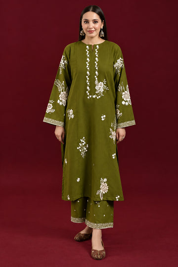 A woman modeling an olive green kurta with white floral embroidery and gold zari borders, shown alongside an inset close-up view. The brand LAAM is displayed with the code CODE-100013 on a dark red background.