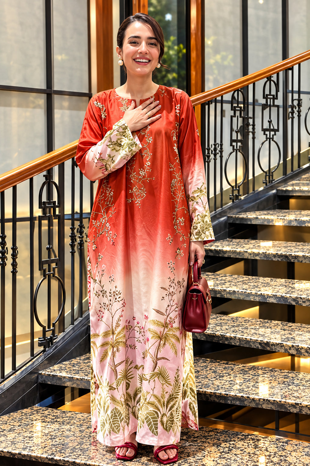 A woman modeling a two-piece silk printed outfit in an indoor staircase setting, shown in a split-screen layout with a central text panel. The outfit is a coral-orange and pink gradient tunic with beige floral patterns and matching printed trousers.