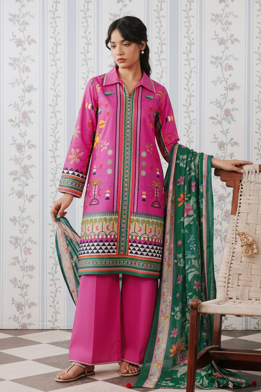 A fashion catalog page for Nishat Unstitched showing a model wearing a bright pink 3-piece traditional outfit with a green printed dupatta, alongside product details and branding text.