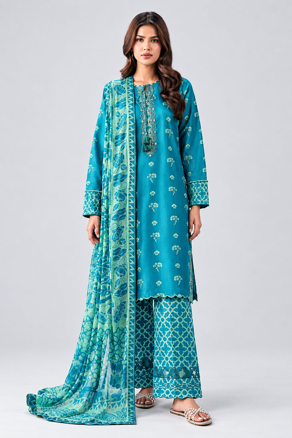 A woman modeling a three-piece turquoise blue printed kurta set against a light gray studio background, with product details and branding text on the left side of the page.