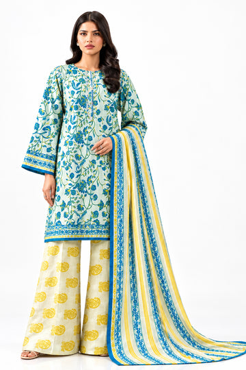 A model wearing a Khaadi 3-piece suit in Lawn fabric, featuring a light blue and white printed kurta, beige and white printed trousers, and a matching dupatta with blue and yellow borders. The left side of the image contains product details, fabric descriptions, and a barcode.