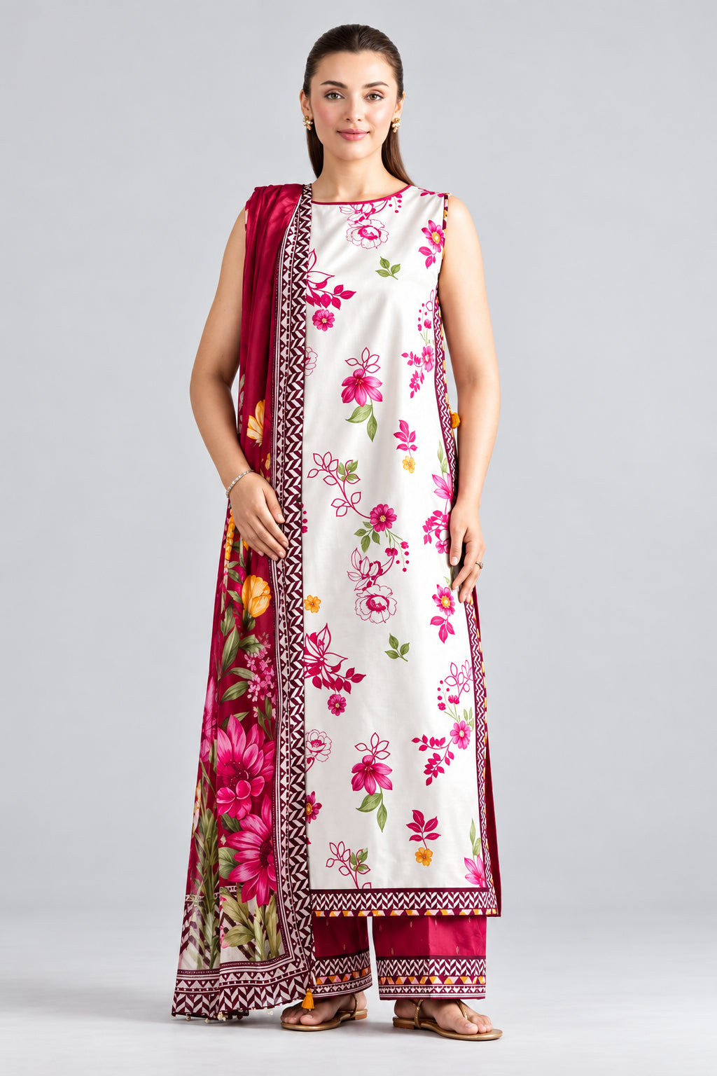 A model wearing a three-piece printed khaadiar suit by Nishat Unstitched, featuring a white kurta with pink and green floral prints, a pink and green dupatta, and a white trouser with a pink border, set against a white background with product details.