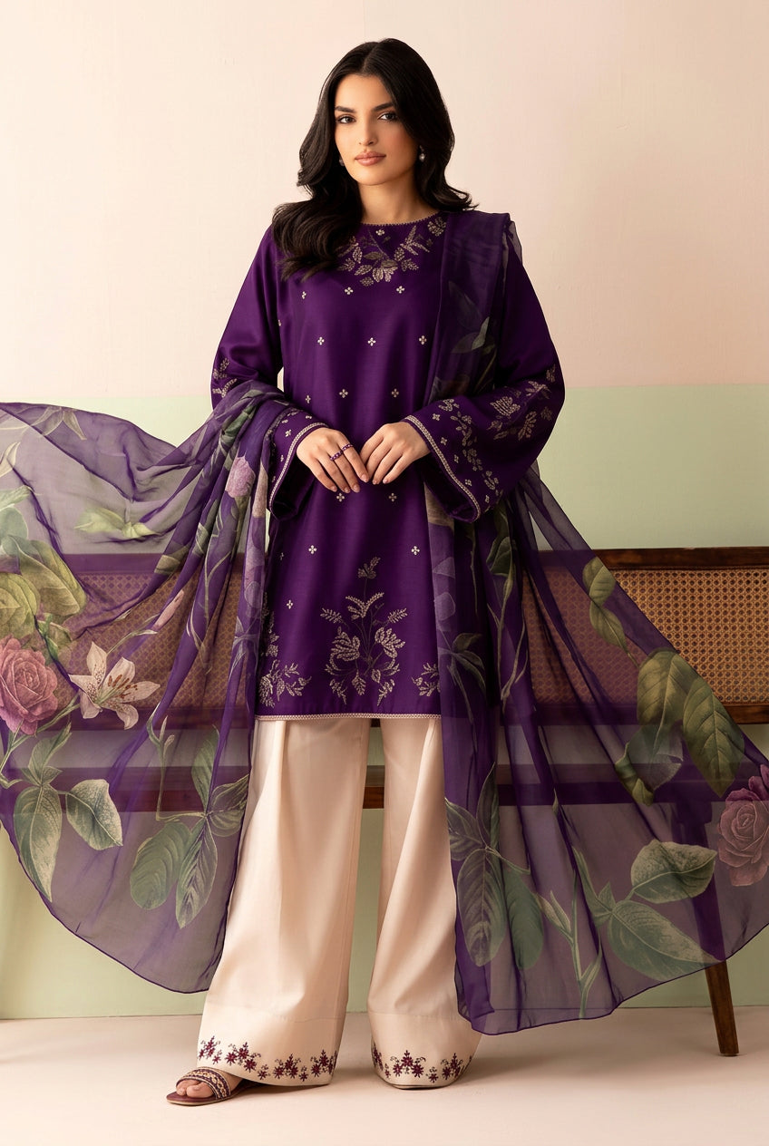 A 3-piece women's ethnic wear set from the brand AAFIN POSH, featuring a deep purple embroidered kurta, a matching purple embroidered trouser, and a sheer purple printed shawl, styled with light beige wide-leg trousers. The image is a composite layout showing the model on the left, the product details in the center, and the model again on the right.