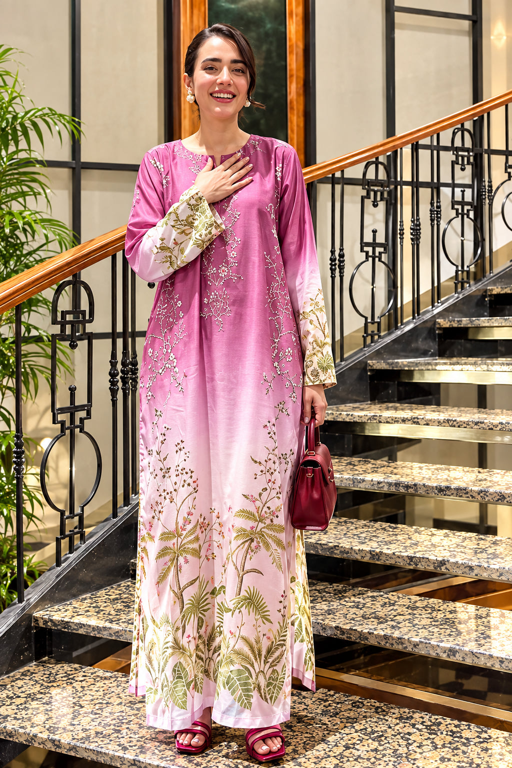 A woman modeling a pink and white printed silk kurta set with floral patterns, shown in a split-screen format with text details in the center.