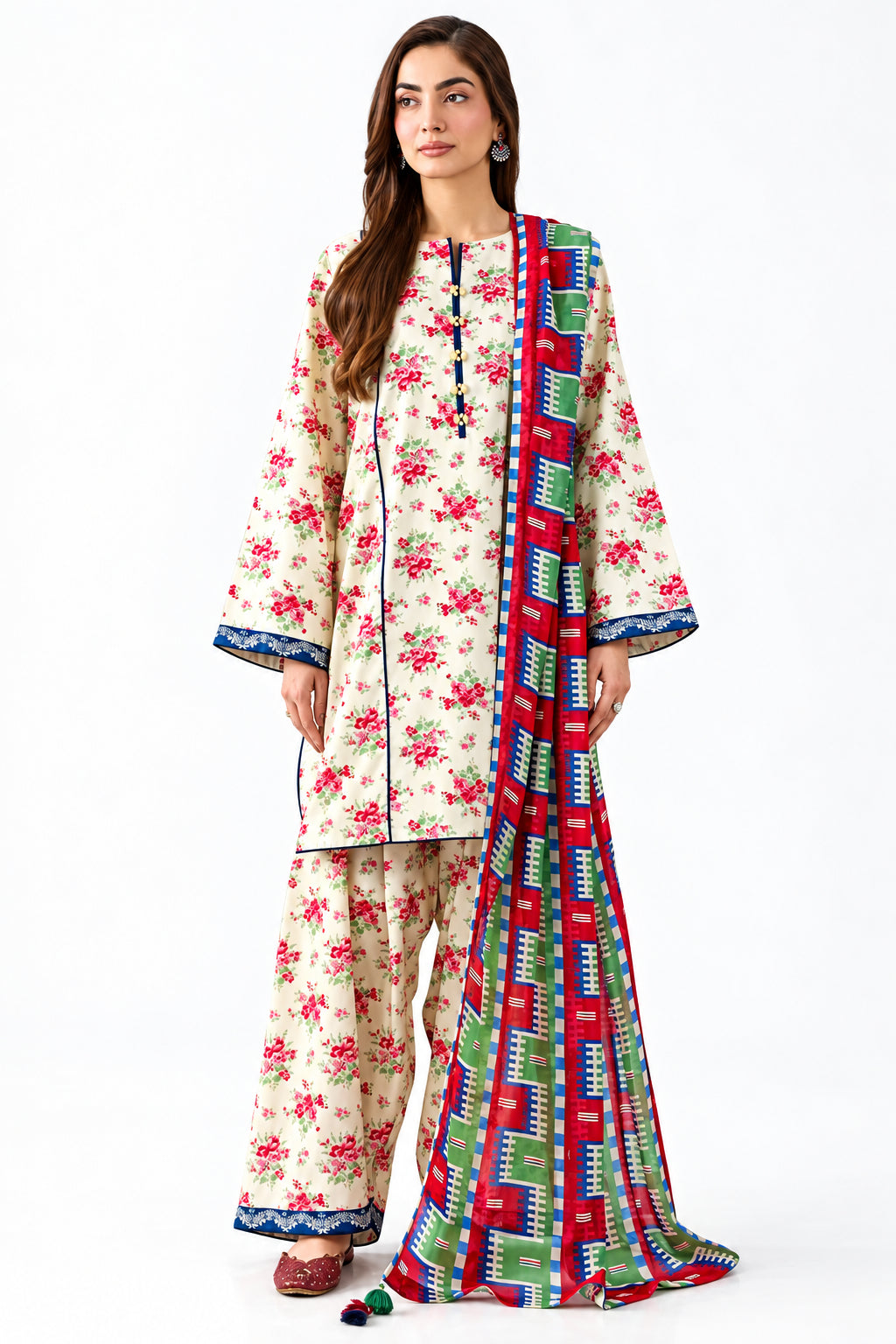 A model wearing a three-piece Nishat Unstitched ethnic wear set, featuring a digital printed khadgar shirt, dupatta, and trousers in a cream base with pink floral prints and a multicolor border. The image is a product catalog page with text details, a QR code, and social media icons.