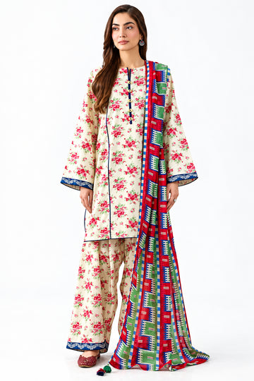 A model wearing a three-piece Nishat Unstitched ethnic wear set, featuring a digital printed khadgar shirt, dupatta, and trousers in a cream base with pink floral prints and a multicolor border. The image is a product catalog page with text details, a QR code, and social media icons.