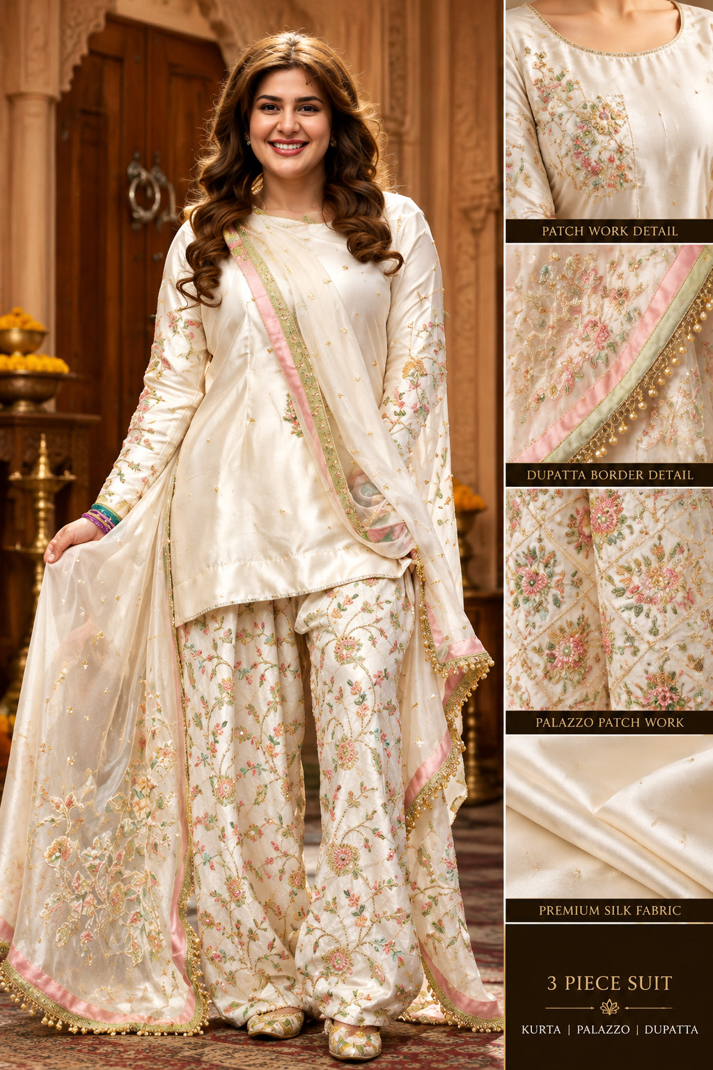 A composite catalog image showing a woman modeling a traditional South Asian outfit in two side panels, with a central text panel describing the garment details. The outfit is a cream/off-white three-piece set with beige and gold floral embroidery.