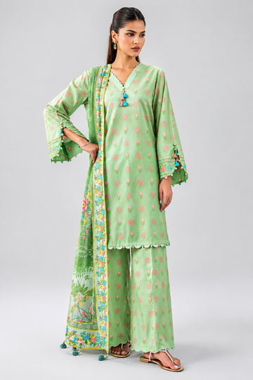 A model wearing a three-piece light green printed kurta set by Nishat Unstitched, shown on a clean white background with product details and a QR code printed on the left side of the page.