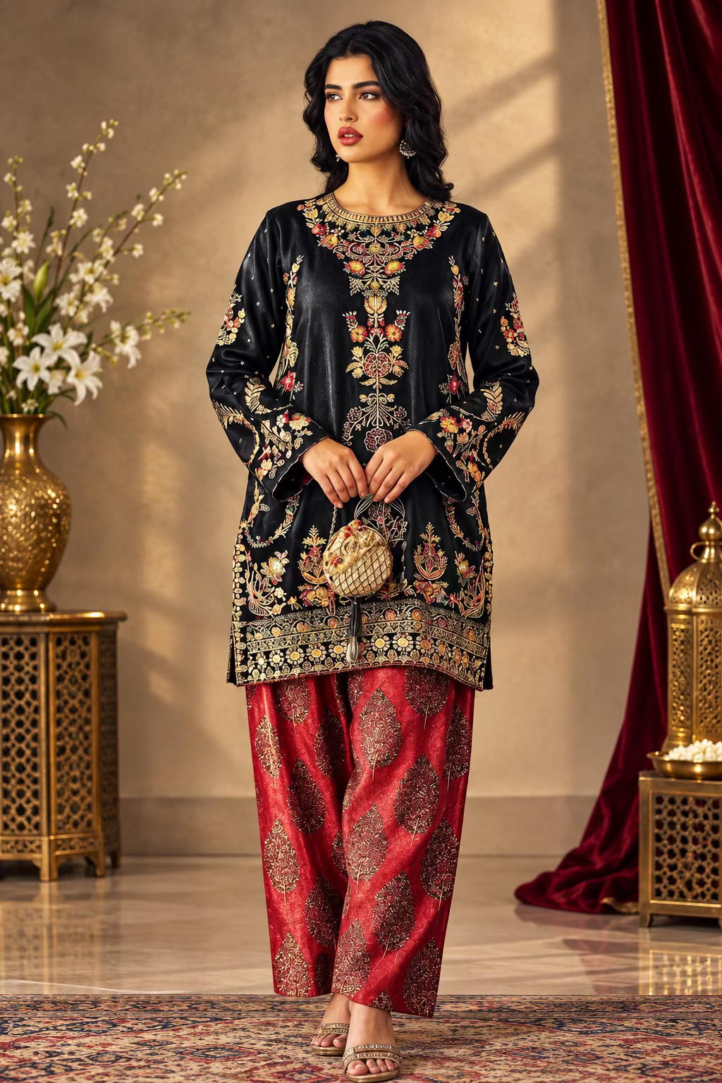 A woman modeling a traditional South Asian outfit featuring a black velvet kurta with intricate gold and silver embroidery, paired with red patola pants, holding a small metallic clutch bag.
