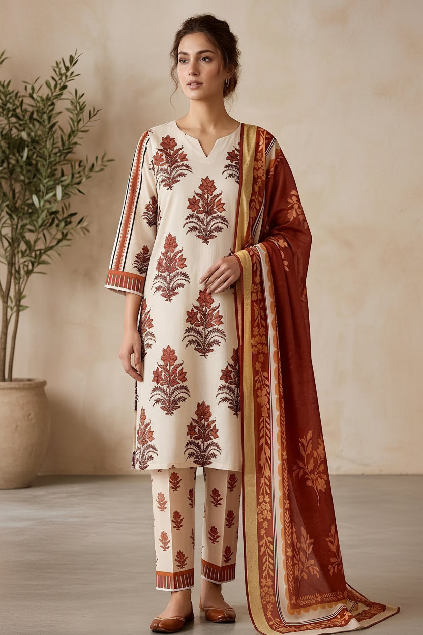 A promotional catalog page for ZARA SHAHJAHAN COCO Prints Dlox, featuring a model on the left wearing a cream-colored kurta and trousers with rust-red and brown floral patterns and a matching dupatta, alongside product details and a QR code on the right.