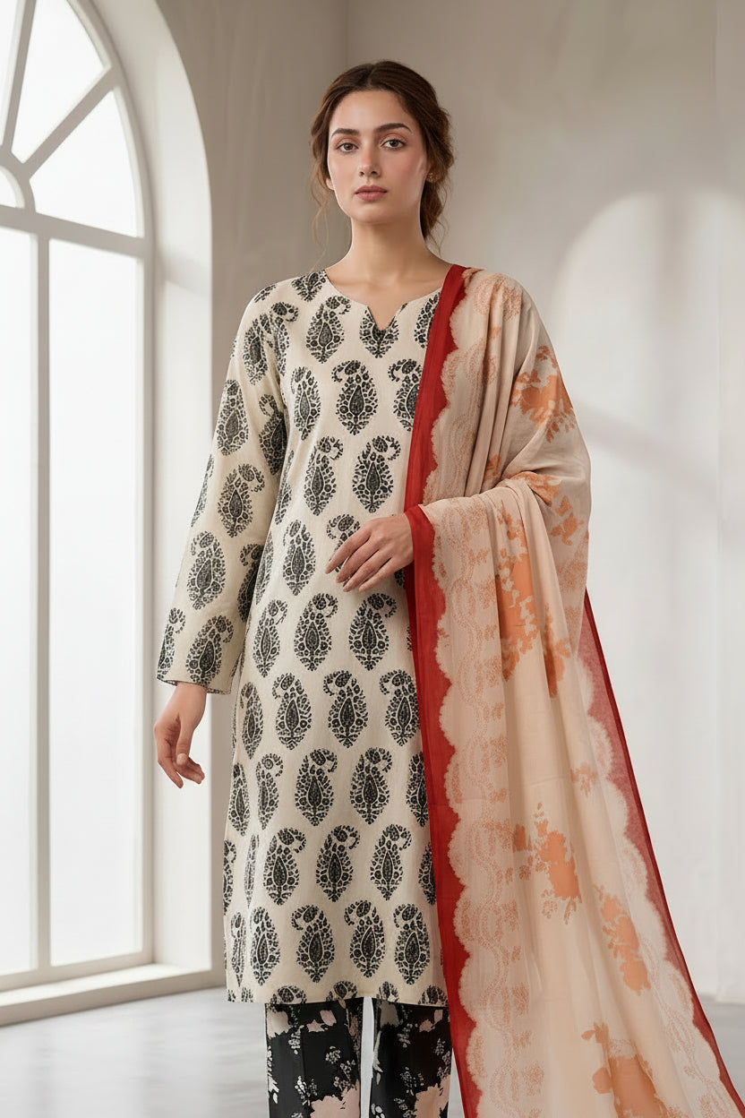 A fashion catalog page for ZARA SHAHRIHANA's COCO Prints, showing a model wearing the EMIN-10B outfit on the left, and product details on the right including a description of the botanical blue print, package contents, and care instructions.