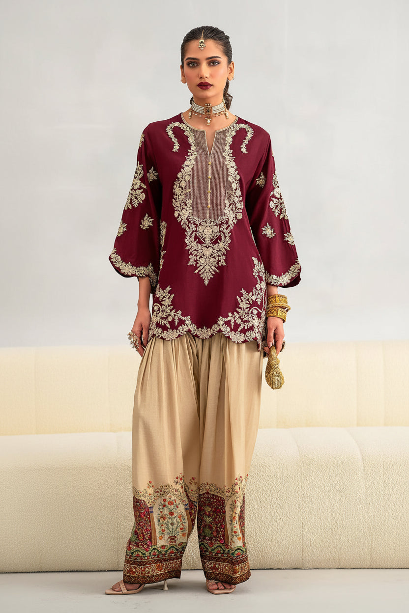 A two-piece women's ethnic outfit shown on a model against a light studio background, with text listing the components: a maroon silk embroidered shirt, beige printed trousers, neckline daman, and embroidered patches. The left panel shows the full outfit, and the right panel shows a close-up of the shirt.