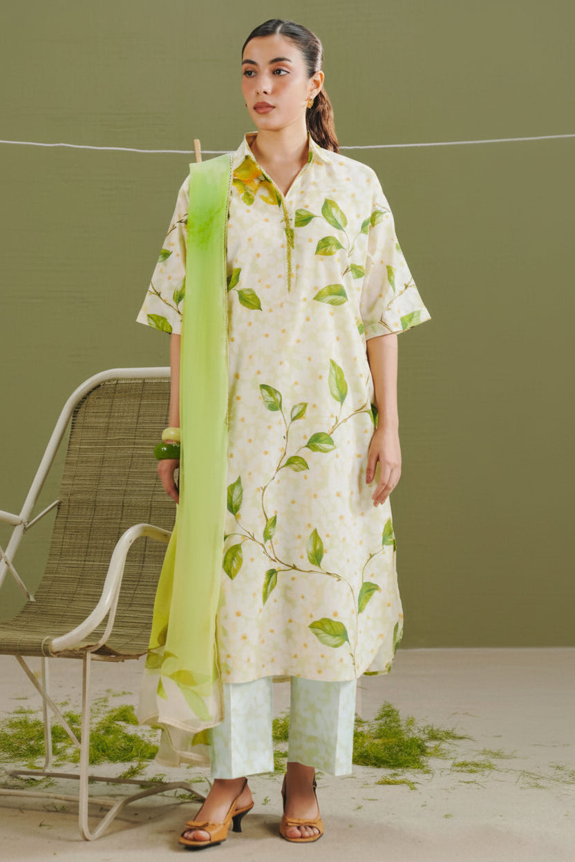 A fashion catalog page showing a woman modeling a COCO by Iqra Shakirman print outfit, with text details about the Zoya-BB dress on the right side.