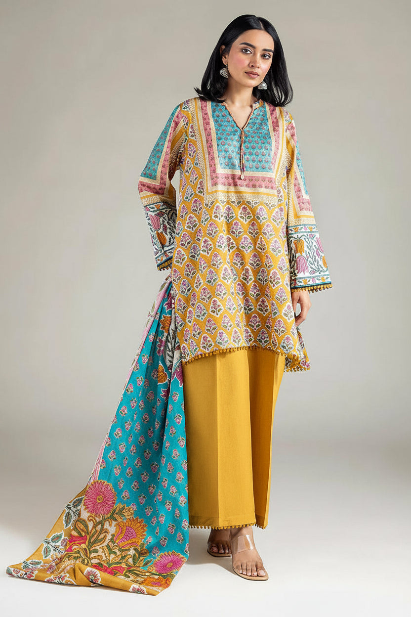 A 3-piece printed lawn suit by Khaadi, featuring a tunic with multicolor floral patterns, mustard yellow pants, and a matching blue dupatta with pink and orange floral motifs, shown on a model against a light gray background with product details on the left.