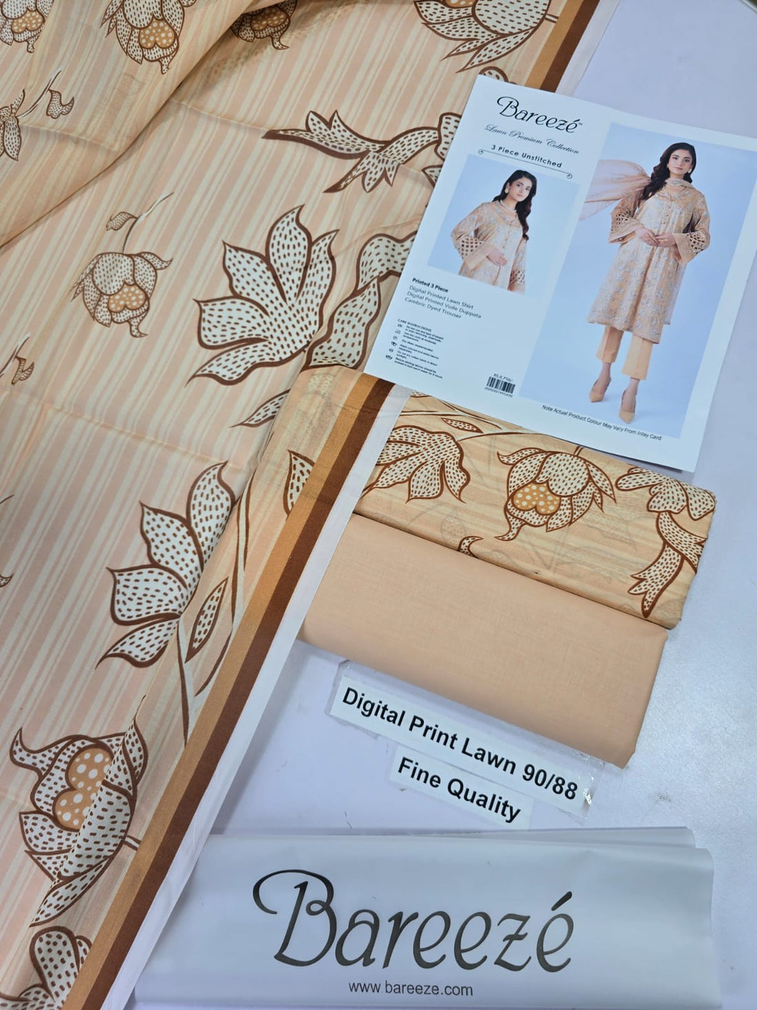 A product catalog page for Bareezé Lawn Premium Collection showing a 3-piece unstitched outfit. The main image features a model wearing a beige printed kurta, solid beige pants, and a sheer beige dupatta.