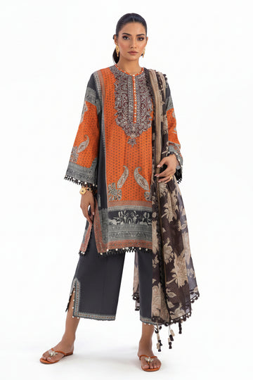 Sana Safinaz Classic-26 three-piece women's suit set featuring a printed kurta in orange, black, and beige with a matching dupatta, shown on a model against a light lavender background with product details at the bottom.